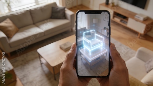 POV Hands Holding Sleek Smartphone Projecting Glowing AR Overlay For Home Furniture Planning And Interior Design