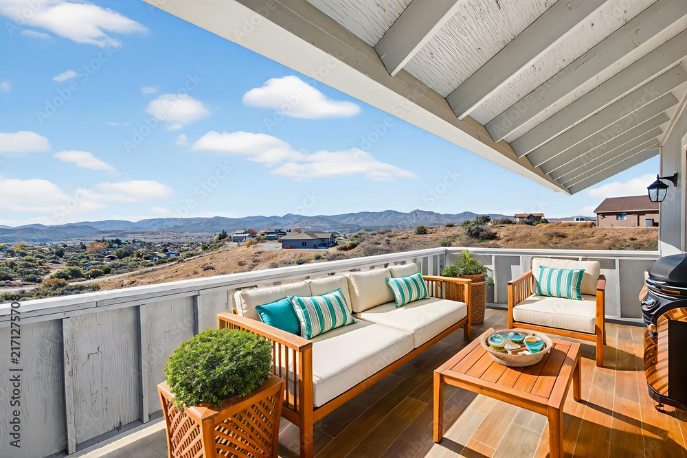 Fototapeta premium Cozy outdoor balcony seating with mountain view