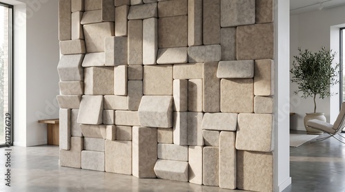 Minimalist sensory room featuring a modular wall of soft beige block seating for relaxation and wellness
