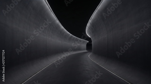 Futuristic concrete architectural tunnel with smooth curves and ambient lighting in a dark minimal space