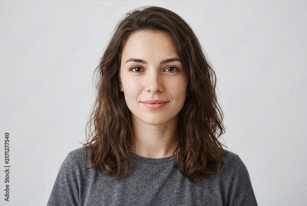 Obraz premium Young woman looking confidently at the camera against a clean studio background, representing self-assurance, positivity and authentic modern lifestyle.