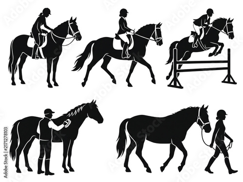 Bild auf Leinwand Black silhouettes of horse riding, jumping, and grooming equestrian activities