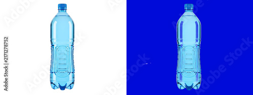 A clear plastic water bottle filled with liquid isolated on a white background, and also shown, against a solid, blue background for editing isolated on a transparent background