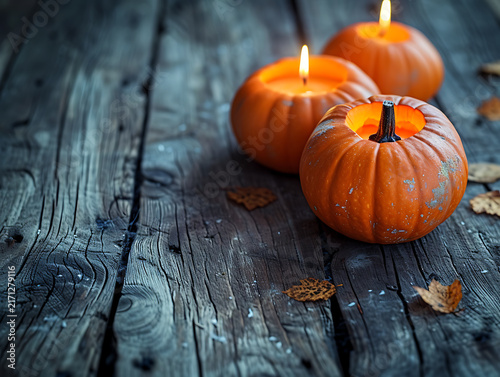 素朴な木製テーブルにキャンドルと並べたハロウィーンのカボチャ