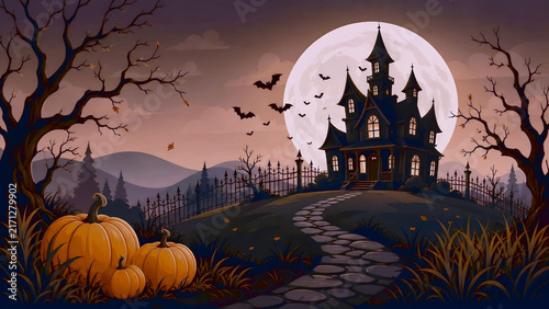 Fototapeta kuchenna Spooky halloween night background with haunted house full moon bats and carved pumpkins