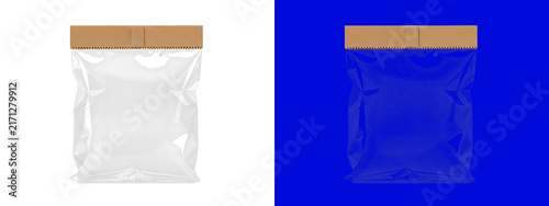 A silver metallic snack bag with a brown paper seal, shown on a white background, and a blue, background for easy editing isolated on a transparent background