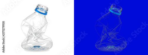 A single crushed empty clear plastic water bottle with a blue cap, shown on a white background, and a blue, background for easy isolation isolated on a transparent background