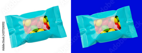 A small clear plastic candy wrapper filled with colorful round candies, shown on a white background, and a blue, background for editing isolated on a transparent background