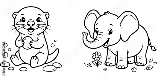 Cute cartoon otter and baby elephant line art illustrations for children coloring book pages on white background