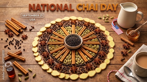 National Chai Day September 21 USA, Top View Arrangement of Cinnamon Sticks, Cardamom, Star Anise, Ginger Slices, Black Tea, Milk Jug and Cup on Wooden Background