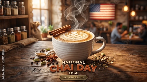 National Chai Day USA celebration, September 21st, 3D rendered steaming cup with cinnamon sticks and spices, cozy cafe background with American flag, holiday banner concept, warm lighting