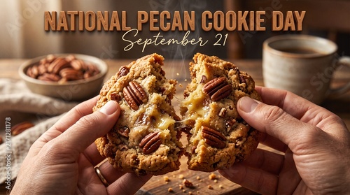 National Pecan Cookie Day, September 21. Hands breaking fresh homemade cookie with nuts. Cozy autumn baking concept, steam rising from cup, wooden table, rustic style. Social media post