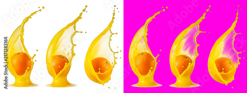 Fresh orange fruit with dynamic liquid juice splash, isolated on white and bright pink backgrounds, food isolated on a transparent background