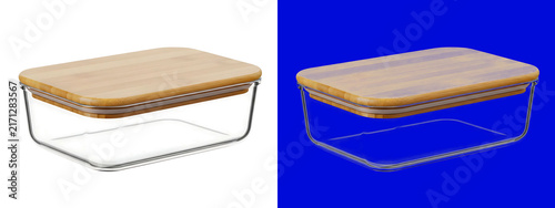 Glass food storage container with a wooden lid shown on a split background, with a white, side and a, vibrant blue side, for visual contrast isolated on a transparent background