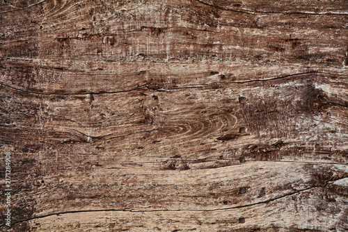 Old knotty wood plank background with wormholes and cracked texture