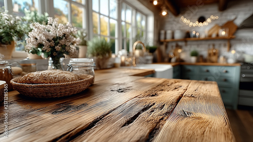 Blurred scene featuring interior and display in a distinctive visual composition Rustic setting defined by plant and table and a distinctive artistic kitchen The composition highlights scene and decor