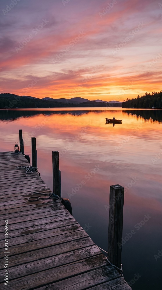 Obraz premium Wooden dock extending into a calm lake with boat at sunset
