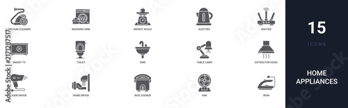 Set of 15 solid Home Appliances icons for dashboards, app screens and website sections. Filled glyph collection including washing hine, electric kettle, smart tv, sink and table lamp.
