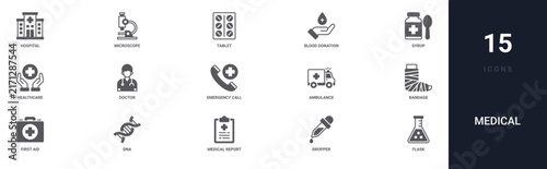 Set of 15 solid Medical icons for dashboards, app screens and website sections. Filled glyph collection including microscope, blood donation, healthcare, emergency call and ambulance.