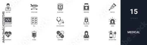 Set of 15 solid Medical icons for dashboards, app screens and website sections. Filled glyph collection including stretcher, medicine, cardiogram, stethoscope and nurse.