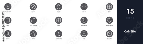 Set of 15 solid Camera icons for dashboards, app screens and website sections. Filled glyph collection including block, light, page, grid and night mode.