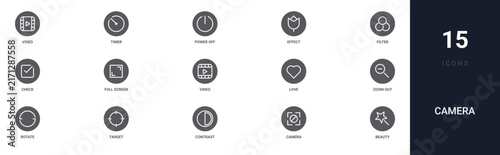 Set of 15 solid Camera icons for dashboards, app screens and website sections. Filled glyph collection including timer, effect, check, video and love.