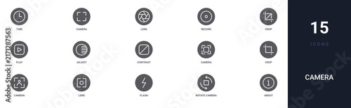 Set of 15 solid Camera icons for dashboards, app screens and website sections. Filled glyph collection including camera, record, play, contrast and camera.
