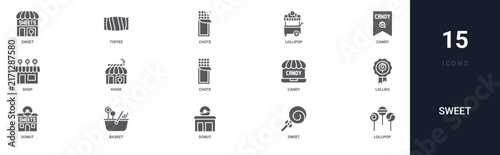 Set of 15 solid Sweet icons for dashboards, app screens and website sections. Filled glyph collection including toffee, lollipop, shop, chote and candy.