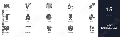 Set of 15 solid Saint Patricks Day icons for dashboards, app screens and website sections. Filled glyph collection including clover, bottle, bagpipe, barrel and location.