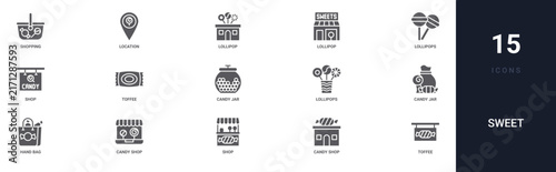 Set of 15 solid Sweet icons for dashboards, app screens and website sections. Filled glyph collection including location, lollipop, shop, candy jar and lollipops.