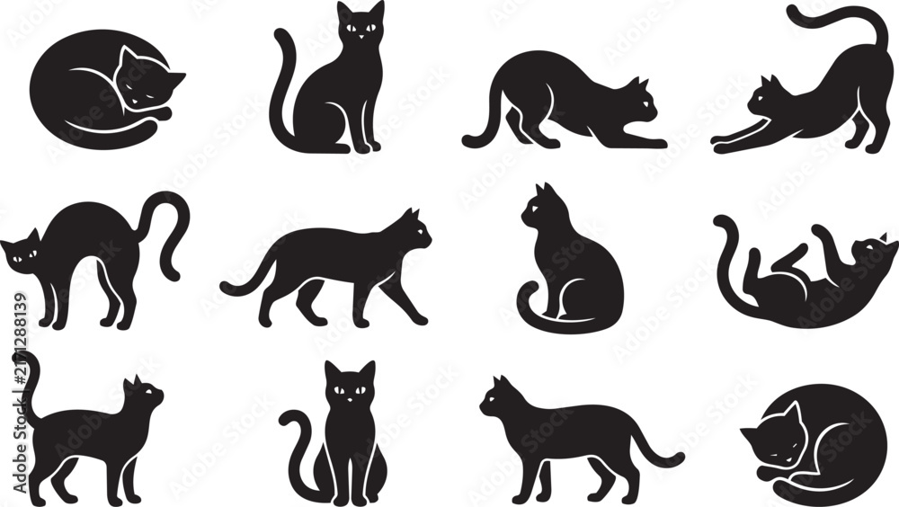 Obraz premium Set of black cat silhouettes in various poses including sitting walking stretching and sleeping isolated on white background