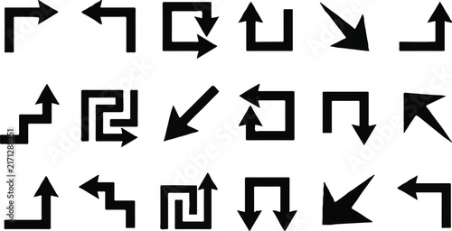 Collection of black corner and turning square arrow icons on a white background with black icon direction sign path pointer route marker web element