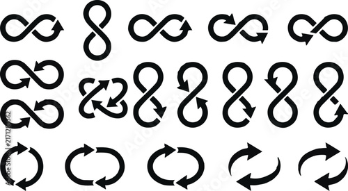 Collection of black infinity and circular rotation arrow icons on a white background with infinity loop black icon recycle sign reload icon web element