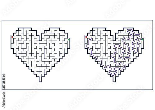 Heart-shaped maze with pathways and solution illustration  