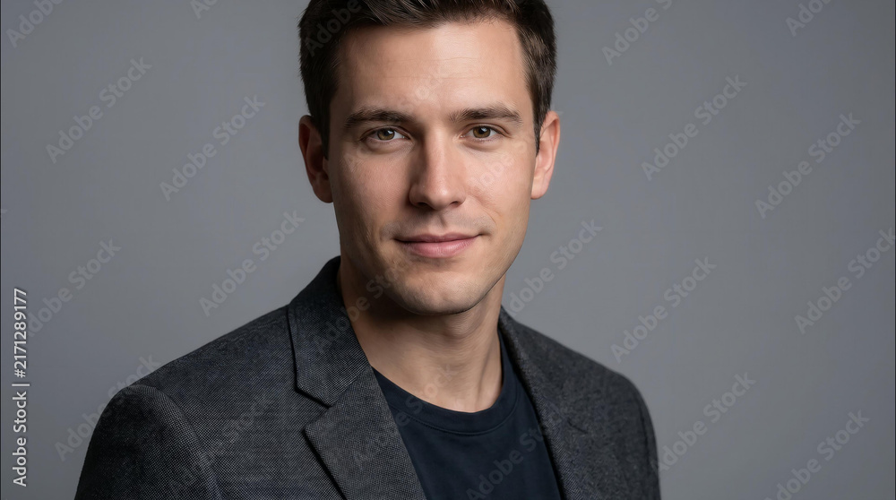 Obraz premium Professional young man wearing grey suit jacket standing against plain neutral studio background showing soft natural lighting and confident facial expression