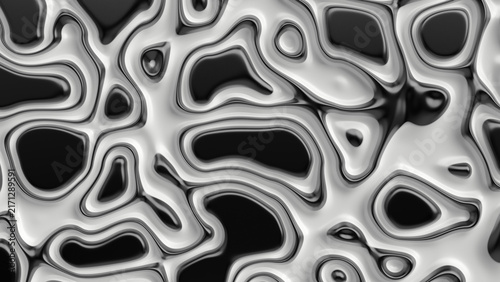 Monochrome 3D texture of flowing liquid chrome with dark recesses.
