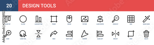 Set of 20 outline web Design Tools icons such as delete, crop, reflect, align left, pointer, right align, redo vector icons for report, presentation, diagram, web design, mobile app