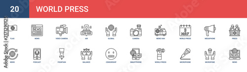 Set of 20 outline web World Press icons such as news, micropone, microphone, world press freedom day, smartphone, censorship, balance vector icons for report, presentation, diagram, web design,