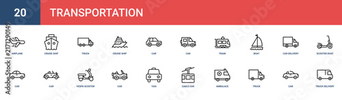 Set of 20 outline web Transportation icons such as truck delivery, car, truck, ambulace, cable car, taxi, car vector icons for report, presentation, diagram, web design, mobile app