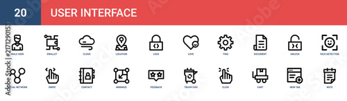 Set of 20 outline web User Interface icons such as note, new tab, cart, click, trash can, feedback, minimize vector icons for report, presentation, diagram, web design, mobile app