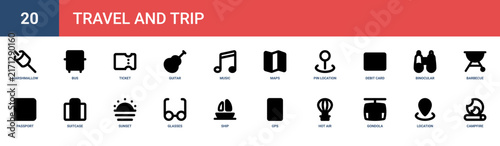 Set of 20 outline web Travel and Trip icons such as campfire, location, gondola, hot air balloon, gps, ship, glasses vector icons for report, presentation, diagram, web design, mobile app
