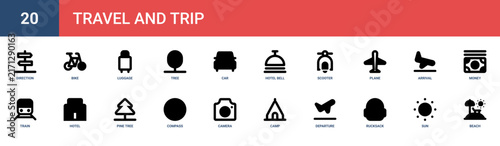 Set of 20 outline web Travel and Trip icons such as beach, sun, rucksack, departure, camp, camera, compass vector icons for report, presentation, diagram, web design, mobile app