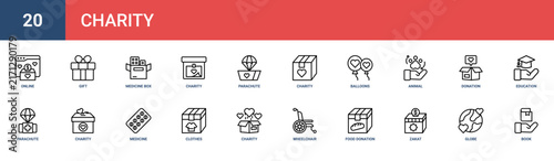 Set of 20 outline web Charity icons such as book, globe, zakat, food donation, wheelchair, charity, clothes donation vector icons for report, presentation, diagram, web design, mobile app