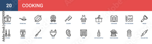 Set of 20 outline web Cooking icons such as rolling pins, salt, pasta machine, ketchup bottle, oven, steak, soup vector icons for report, presentation, diagram, web design, mobile app