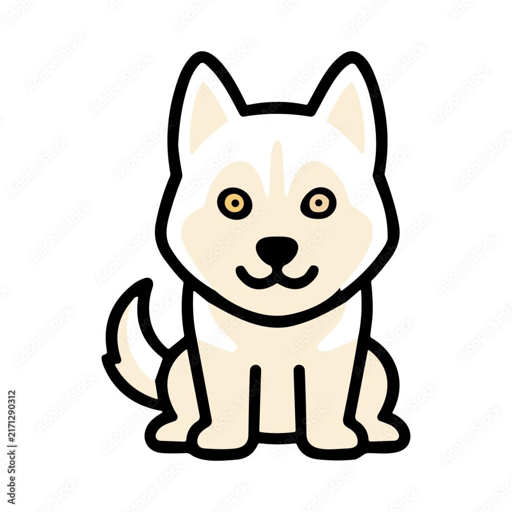 Fototapeta premium Cute Pixel Art of a White Husky Dog with Yellow Eyes Sitting and Looking Forward