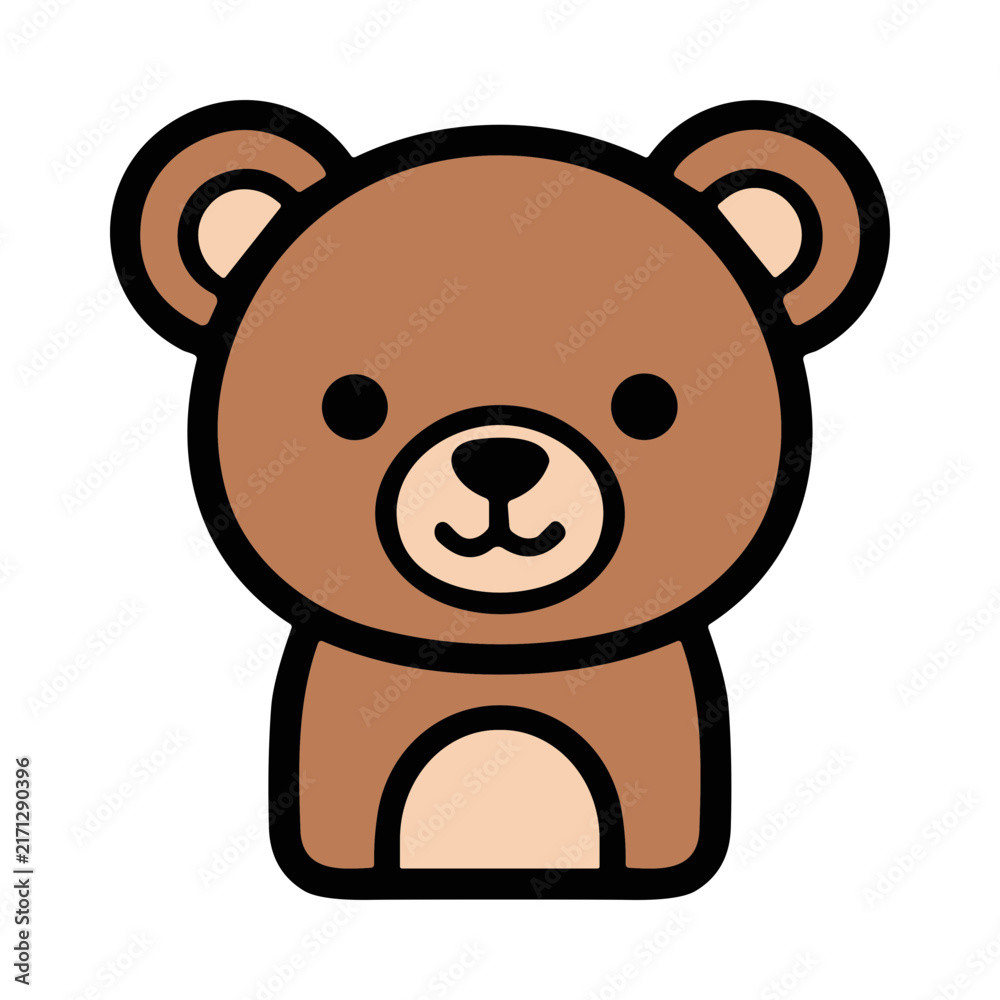 Fototapeta premium Cute Cartoon Brown Bear Head With Big Ears And Black Eyes Isolated On White Background