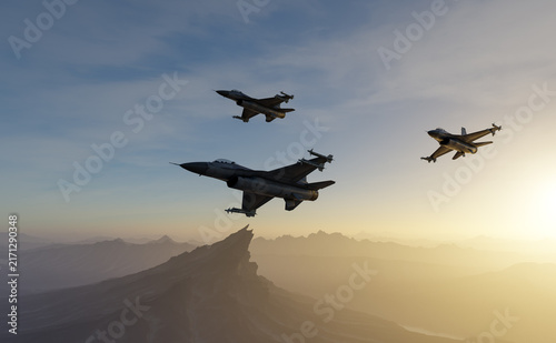 Fotografía Fighter Jets in Formation Over Mountains at Sunset - Military Aircraft 3D Render