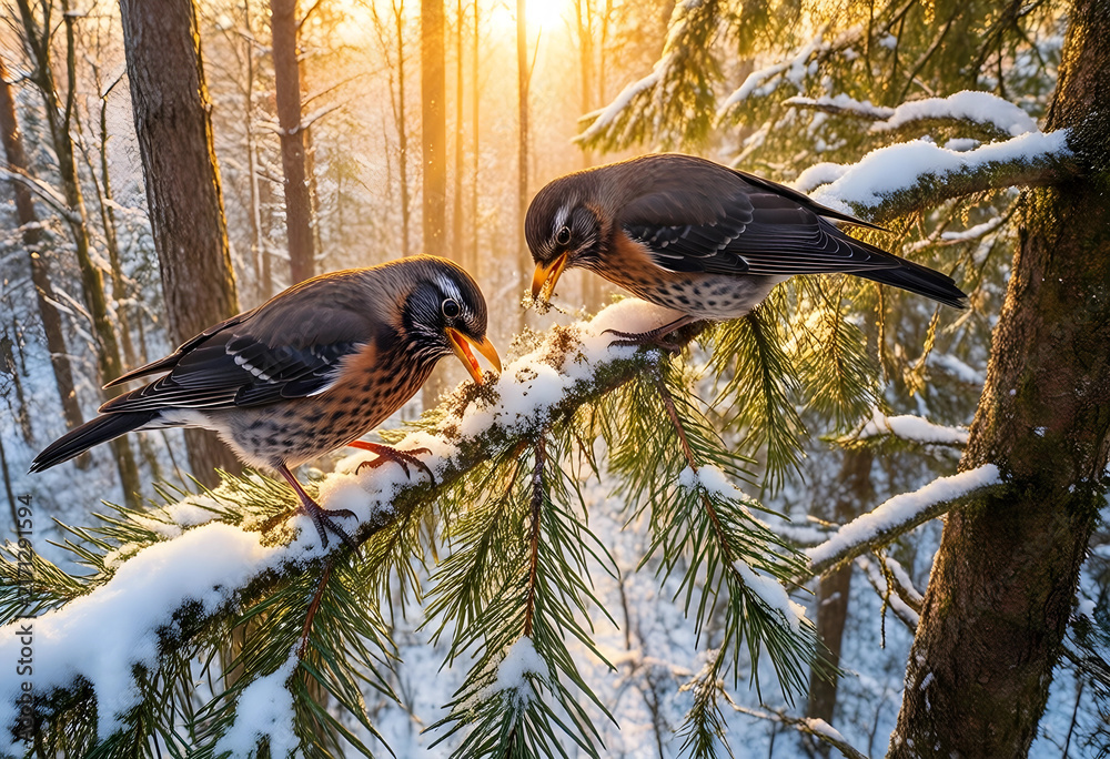 Naklejka premium Winter wildlife and nature survival, two birds on a snowy pine branch in a forest with golden sunlight