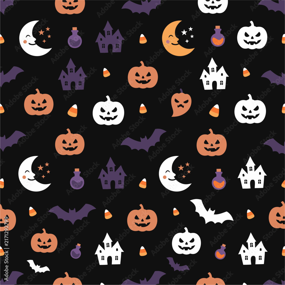 Obraz premium A festive Halloween seamless pattern featuring cute pumpkins, bats, moons, and haunted houses on a black background.