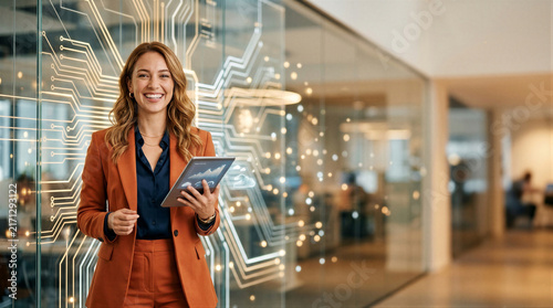 Smiling businesswoman with tablet standing by glass wall with glowing circuit pattern in modern office. Artificial intelligence and digital transformation in corporate business
